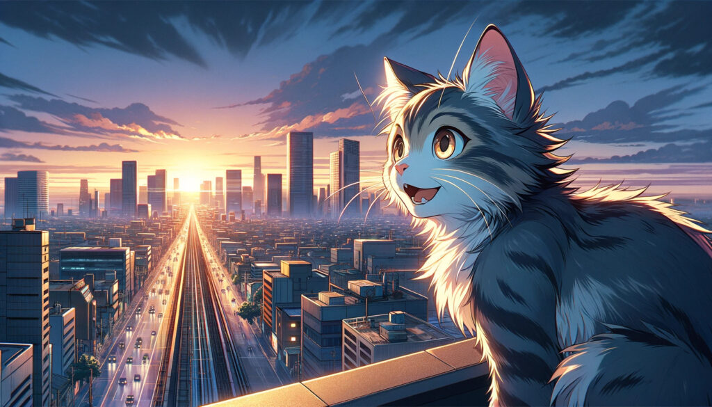 建物の上から街を眺める猫の画像
