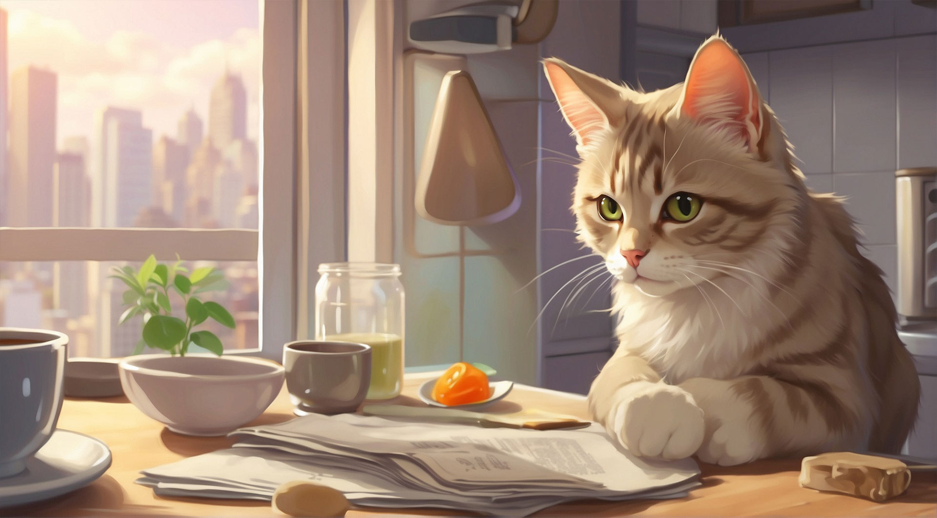 キッチンで書類を読む猫の画像