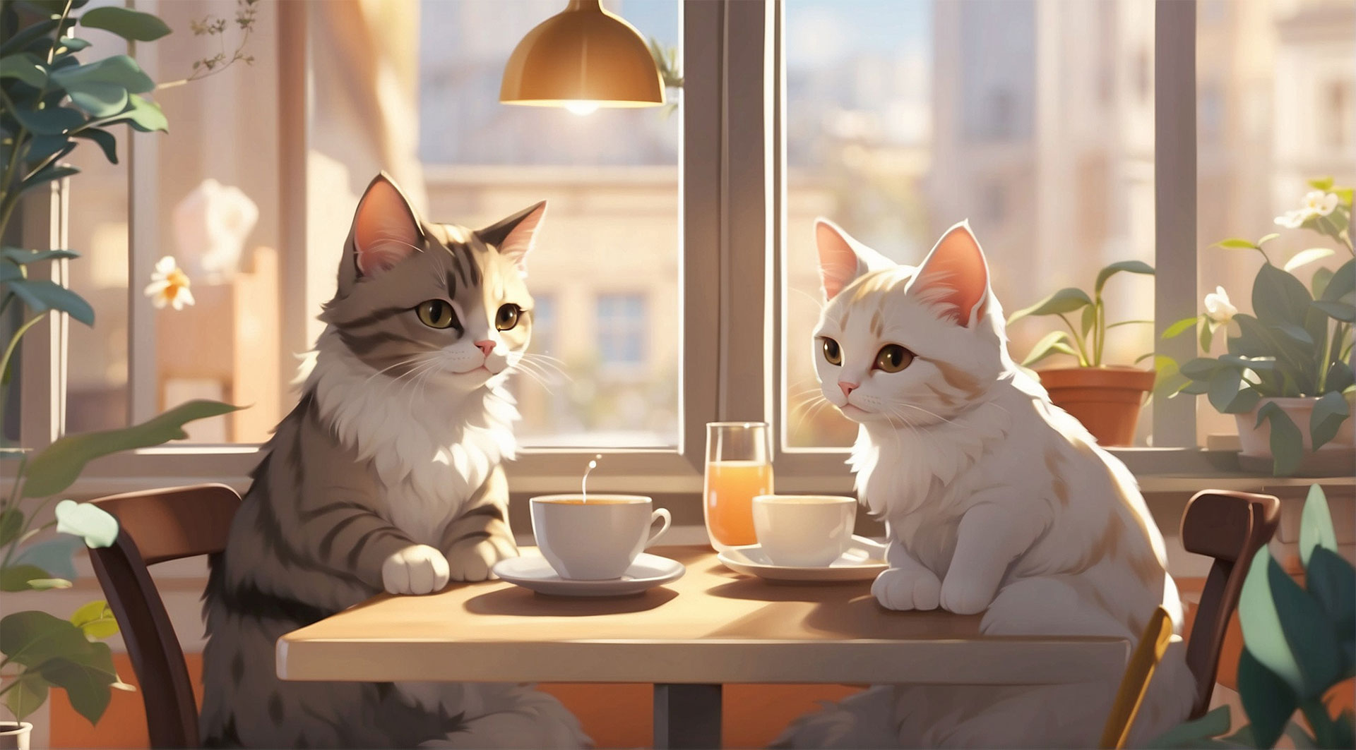 カフェでお茶をする二匹の猫の画像